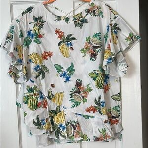 Tropical Print Ruffle Blouse